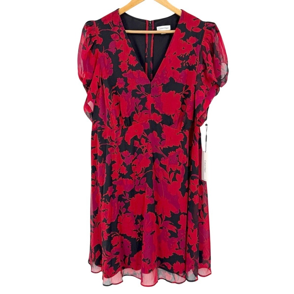 NEW Calvin Klein Womens 18W Chiffon Flutter Sleeve Midi‎ Dress Red Career Party